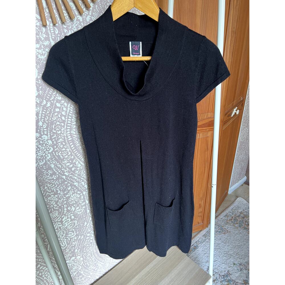 Vintage NWT Y2K Black Cowlneck Short Sleeve Swing Sweater Dress